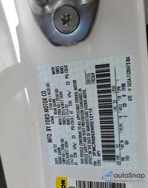 2022 Ford Bronco Sport Big Bend z USA, uszkodzony, nr VIN 3FMCR9B6XNRE12115